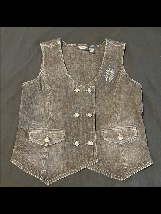 Harley-Davidson Jackets & Blazers - Harley Davidson L Black Denim Double Breasted Button Vest Black Stones/Gems